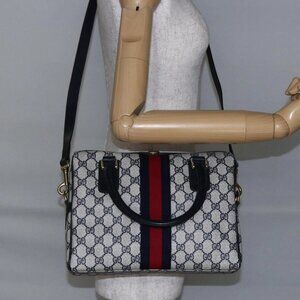 GUCCI GG Supreme Sherry Line Shoulder Bag PVC 2way Navy Gold 010 378 Auth 145988